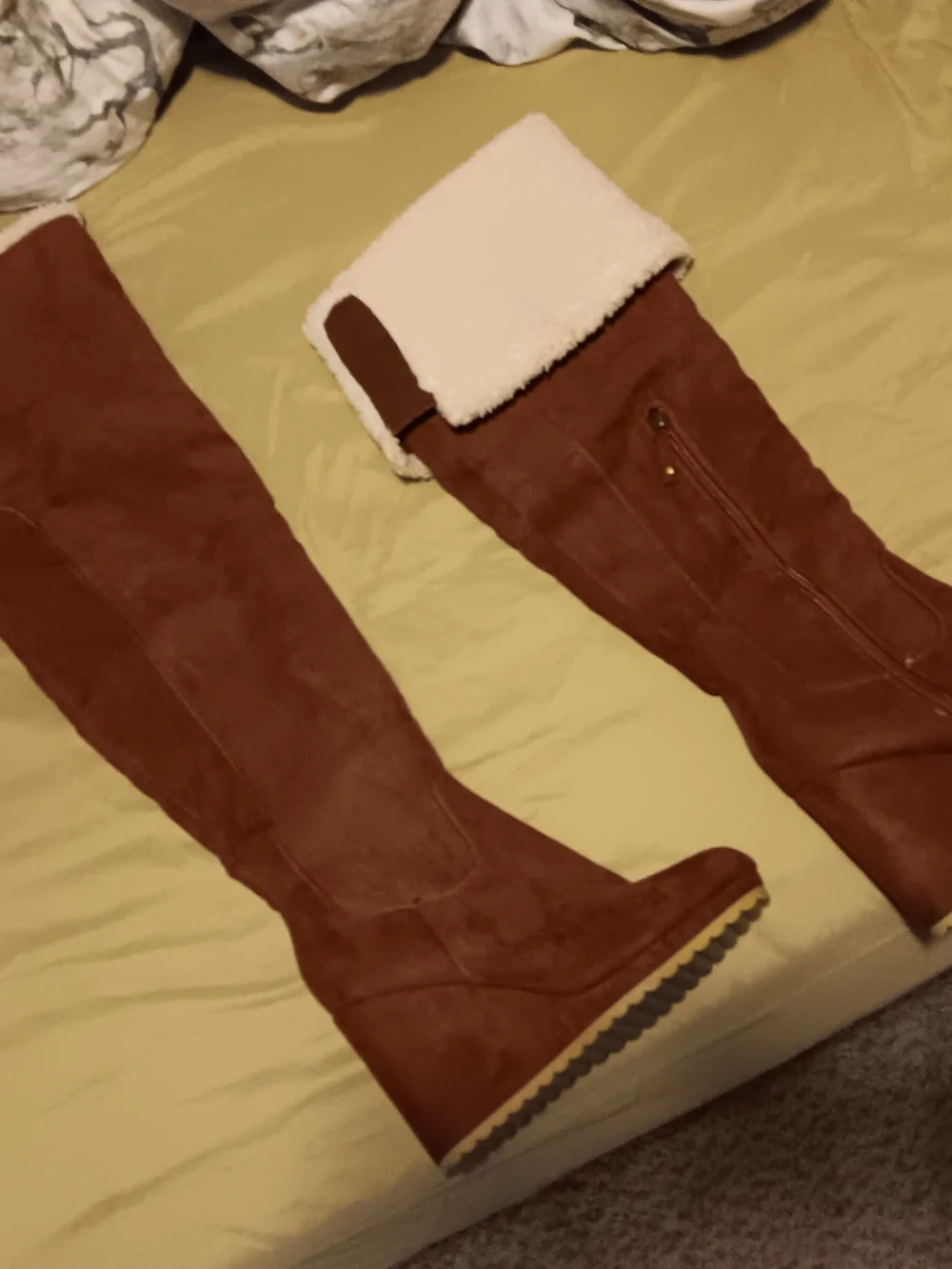 Women’s Brown Knee-High Faux Suede Boots with Shearling Cuff